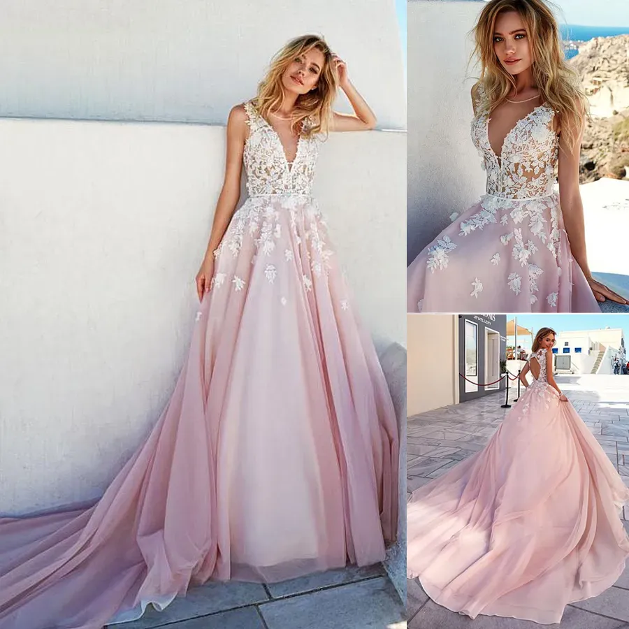 Elbiseler Romantik Tül Vneck Boyun Aline Prom 3D Boncuklu El Yapımı Çiçekler Aplike Pembe Gelin Gowns Vestido De Noiva