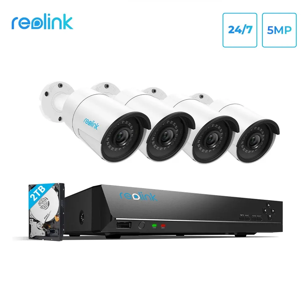 System Reolink Smart Security Camera System POE 5MP 24/7 Запись встроенного 2TB HDD, представленная с обнаружением человека/автомобиля RLK8410B45MP