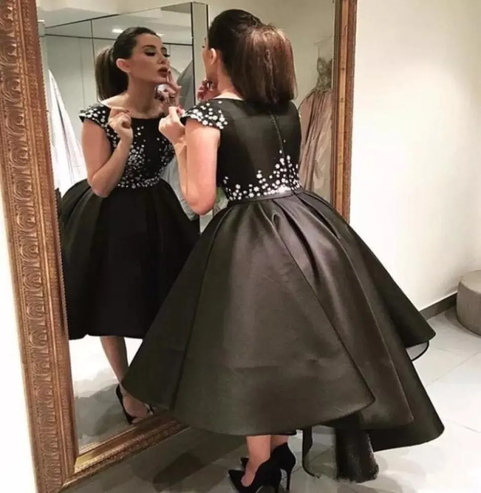Latest 2017 Charming Little Black Cocktail Dresses Bateau Neck Capped Sleeves Shiny Beaded Fluffy High Low Cocktail Evening Dresse6204405