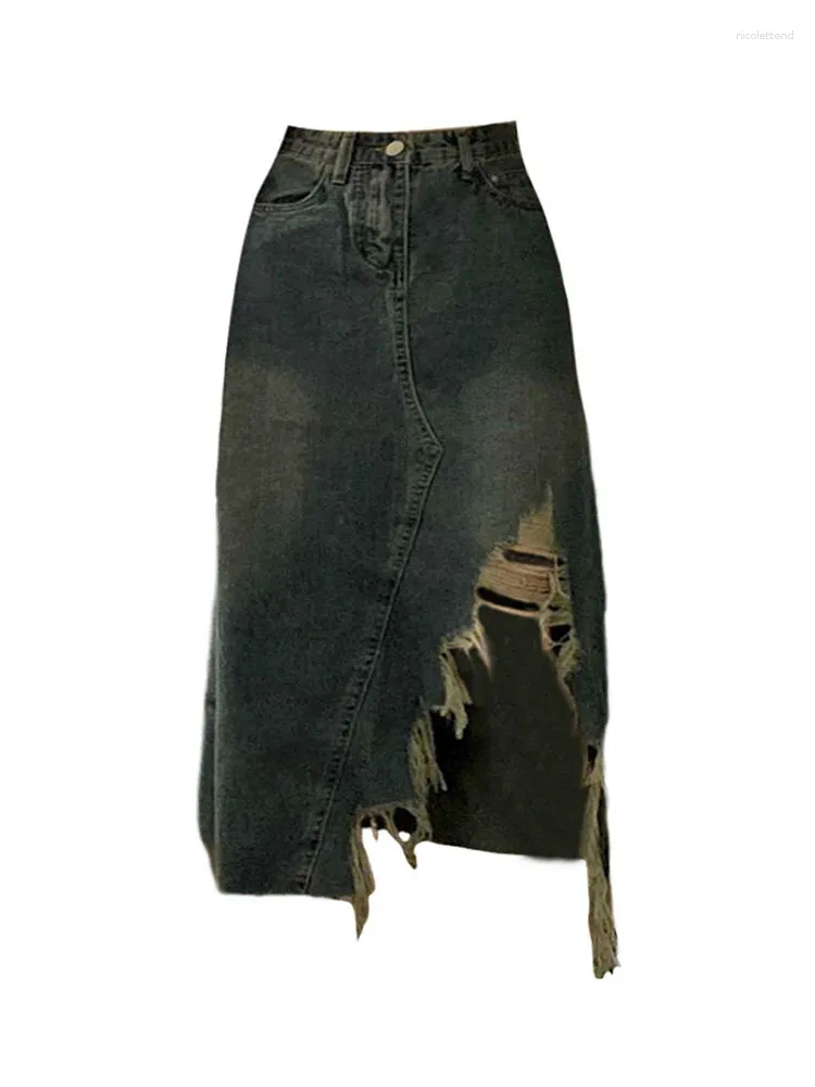 Skirts Fashion Asymmetrical Blue Denim Skirt Split Hem Women Clothing Summer Sexy A-Line Hip Tassel Bottoms Streetwear Vintage