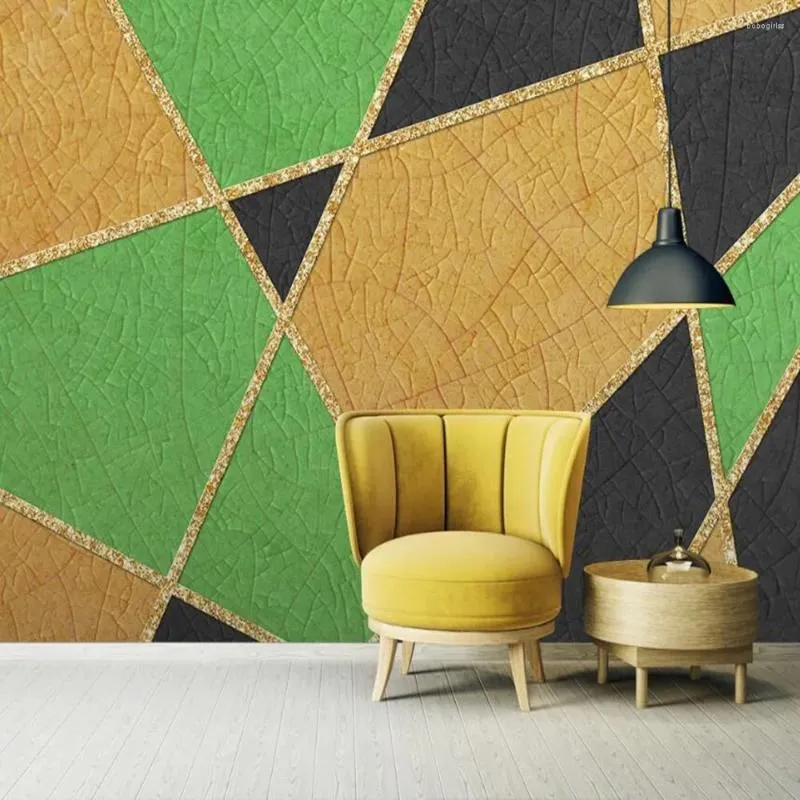Wallpapers Milofi Custom Large Wallpaper Mural 3D Simple Geometric Golden Three-dimensional Line Color Block Mosaic Background Mu
