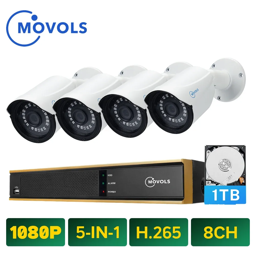 System Movols 8ch 1080p AI Video Surveillance System 4PCS Outdoor Weatherproof Security Camera H.265 DVR Kit Outdoor CCTV Camera System