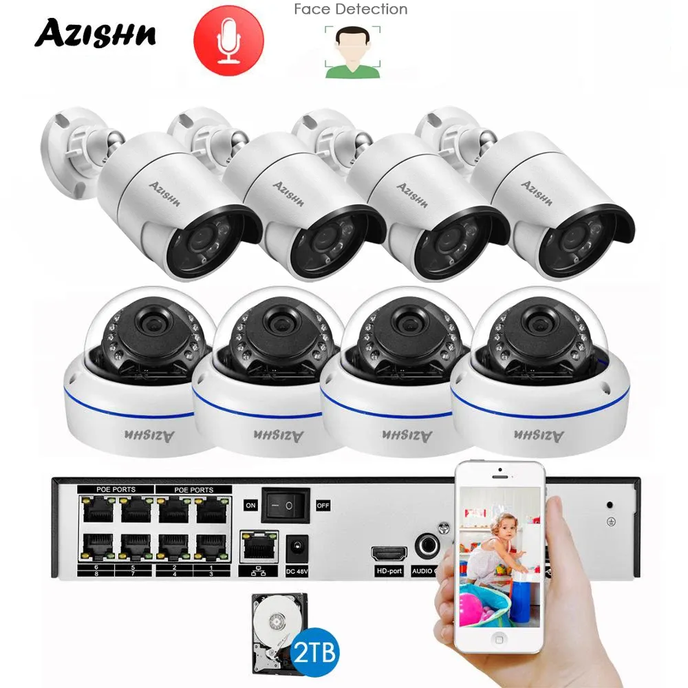 System Azishn H.265+ 8CH 5MP POE NVR Zestaw audio CCTV System 5MP Dome IP Kamera Wykrywanie twarzy P2P Zestaw nadzoru wideo wewnętrznego/zewnętrznego