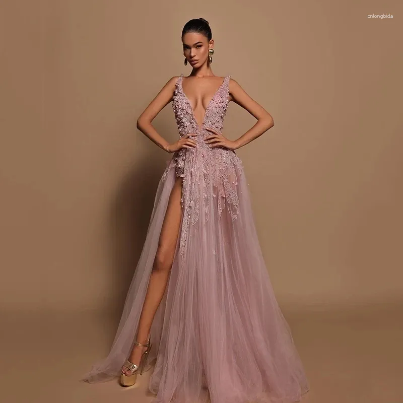 Partykleider formelle rosa A-Linie-Abschlussball Deep V-Ausschnitt Applices Split Night Dress Abendkleider Robe de de