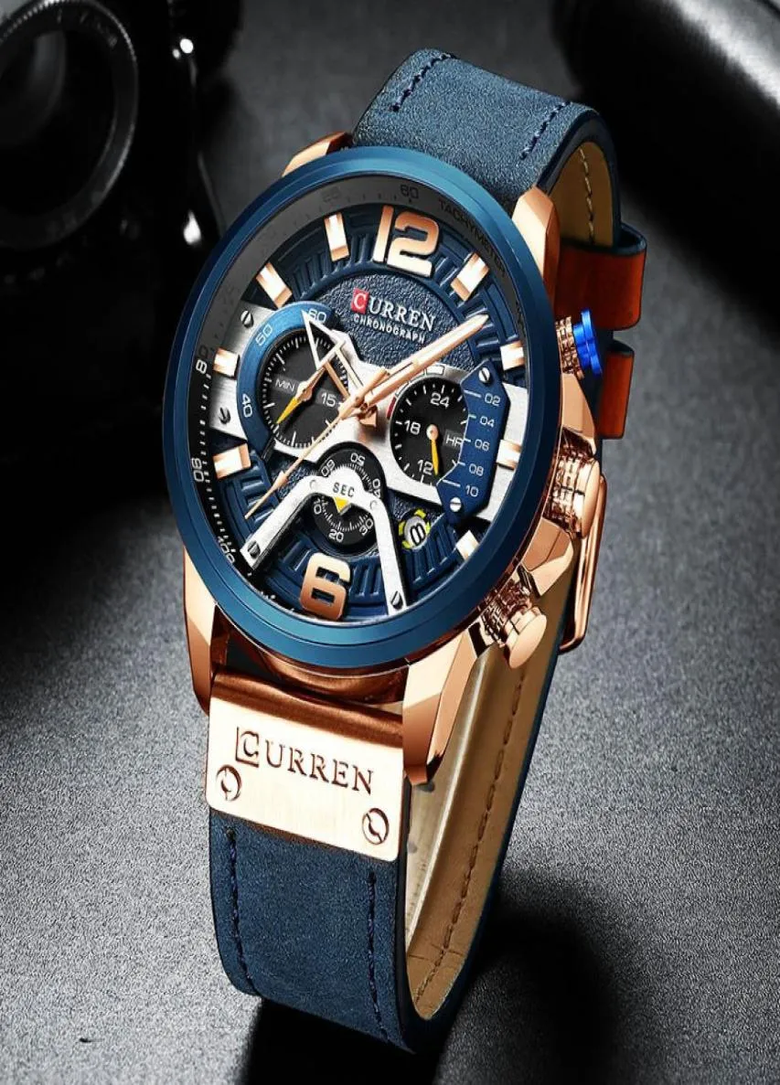 Curren Mens Uhren Top -Marke Luxus Chronograph Männer Watch Leder Luxus wasserdichte Sportwache Männliche Uhr Man Armbandwatch T193375264