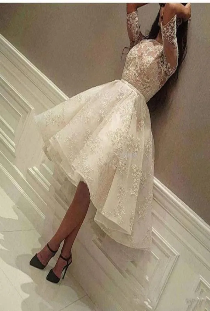 2019 Arabic Lace A Line Cocktail Homecoming Dresses Lace Applique Sheer 12 Long Sleeves Knee Length Short Party Prom Evening Dres1403971