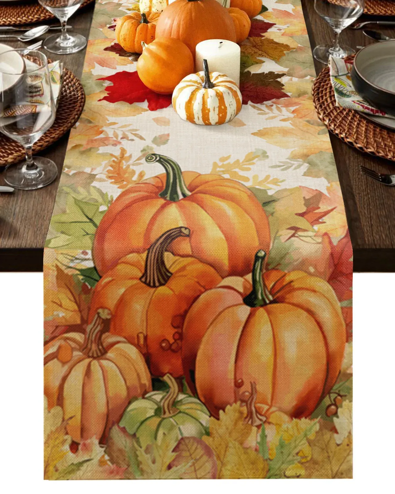 Thanksgiving pompoen herfst esdoorn blad linnen tafel loper bruiloft decoratie keuken eettafel hardloper voor thuisfeestje decor 240325