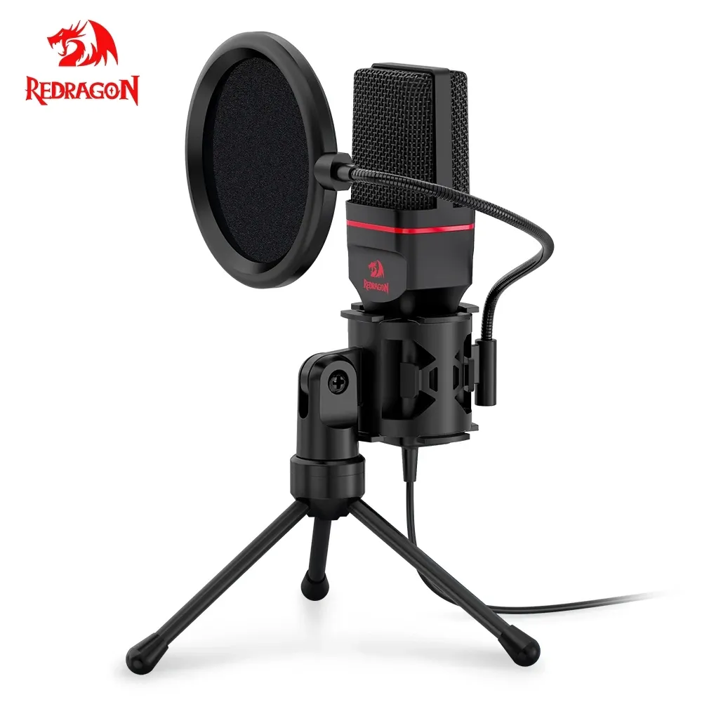 Monopods Redragon GM100 SEYFERT OMNI Microphone condenseur avec Tripod Audio 3.5 mm Computer Studio pour PC Téléphone Karaoke Recording Phone