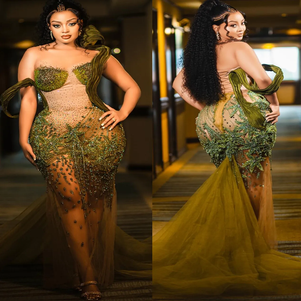 2024 ASO EBI Illusion Green Mermaid Dress Koronki wieczór Formalne przyjęcie Drugi przyjęcie 50. urodziny suknie zaręczynowe sukienki szata de soiree ZJ3169