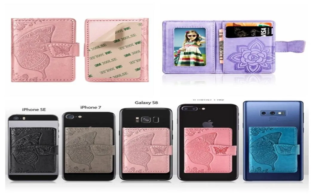 Universal Back Phone Card Slot 3M Sticker Cases läderpinne på plånbok Kontant ID Kreditkortshållare Flower Fjäril för iPhone 14 9515436