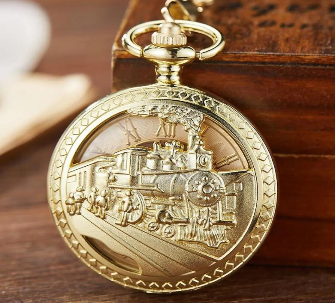 Pocket Watches Gold Mechanical Watch Hollow Steampunk Train Engraved Hand Winding Skeleton Fob Chain Necklace Pendant Clock4177738