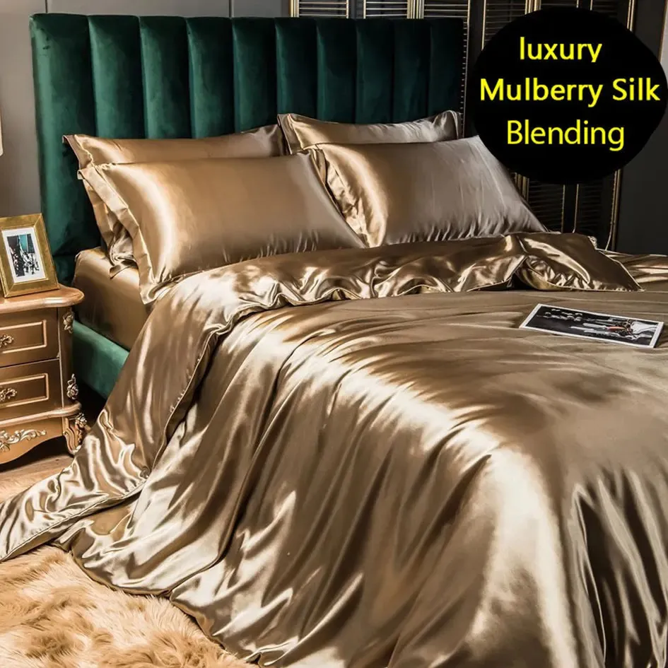 マルベリーシルクの寝具ベッドシート布団カバーフィットフルベッドスプレッドセット両面4ピースセットサテンサマーベッドルームリネン240418