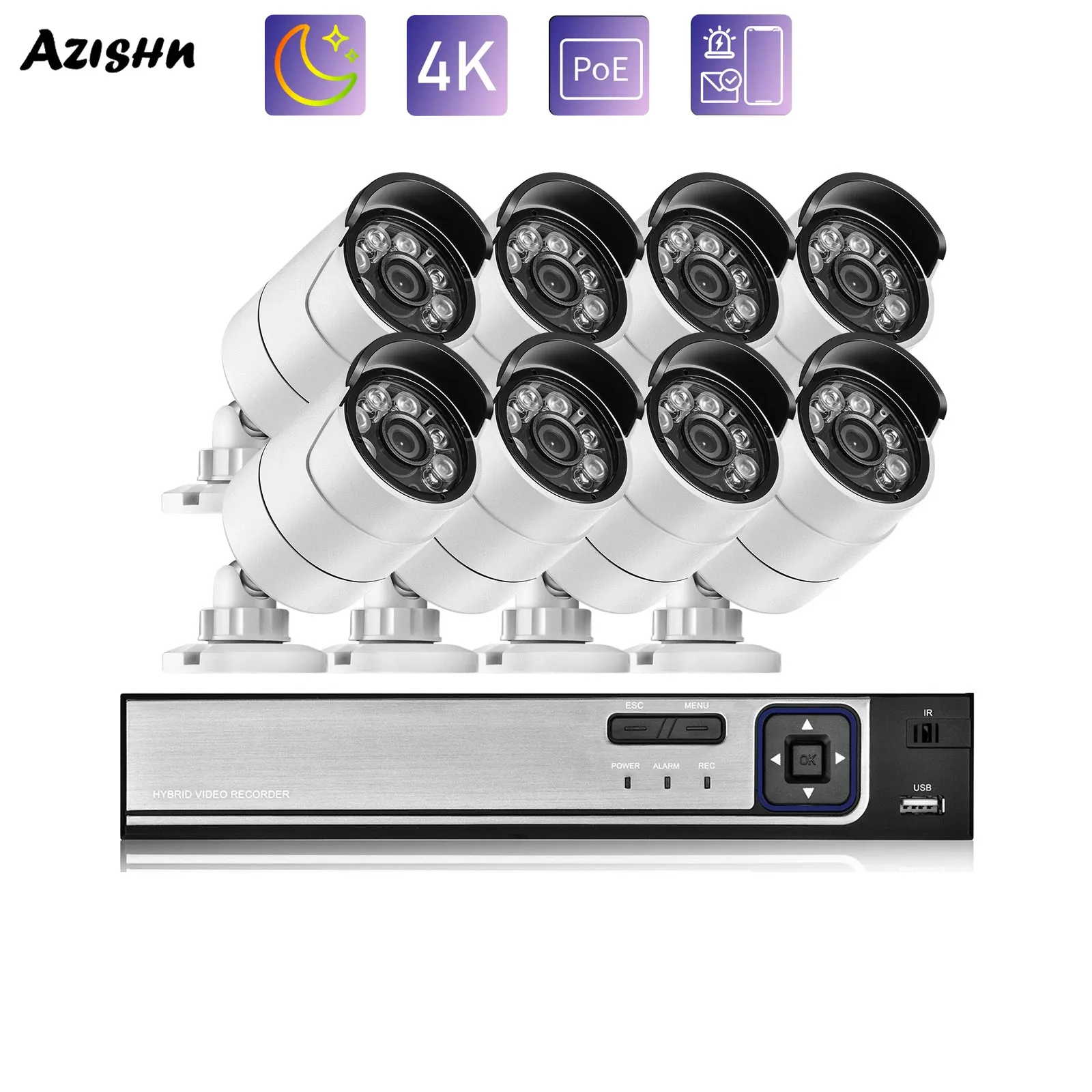 Sistema Azishn 4K 8MP Sistema Sistema 8ch Poe CCTV Kit NVR Night Outdoor Night Vision Security Security IP Camera Surveillance Set