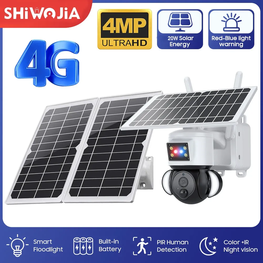 Cámaras Shiwojia 20W Cámara solar 4G Tarjeta SIM 4MP Al aire libre PTZ Solar Battery CCTV 21700 Batries Alarma de luz RedBlue