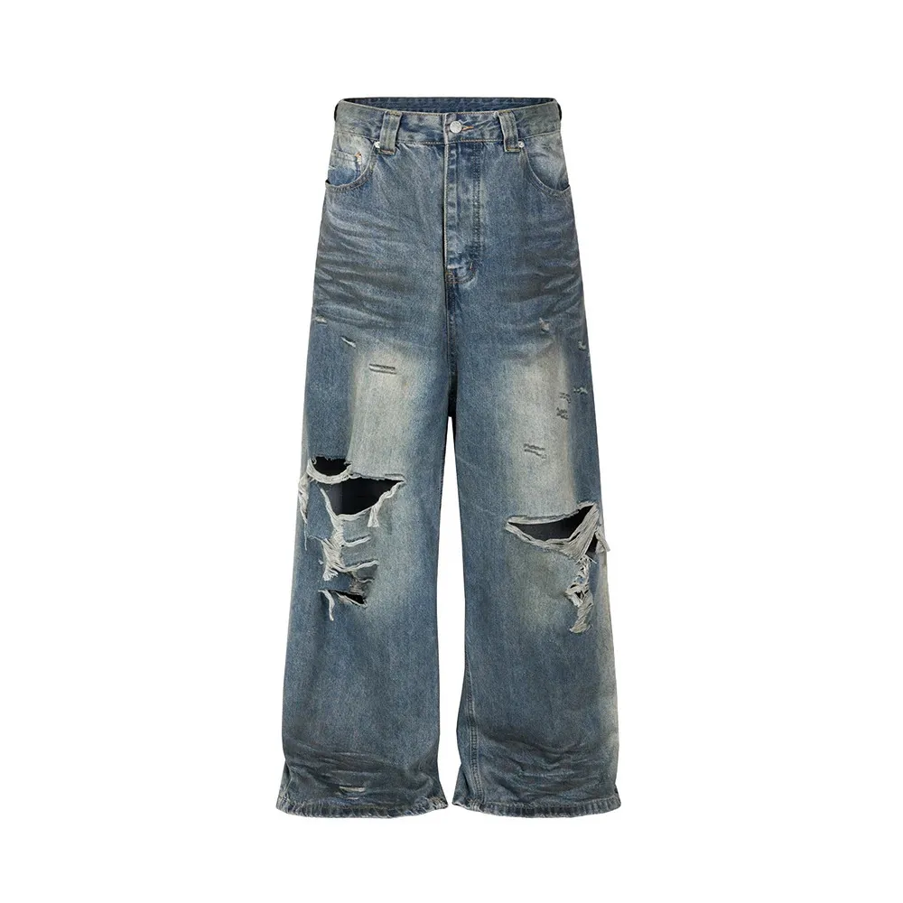 Jeans de perna larga e largura danificados para homens e mulheres de streetwear casual casual hombre jeans calças de carga de grandes dimensões 240322