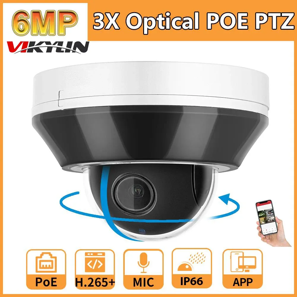 Intercom 6MP POE PTZ Security Camera Dome 3x optische zoom 2,88 mm menselijke voertuigdetectie ingebouwde microfoon video -bewakingscamera's IP66