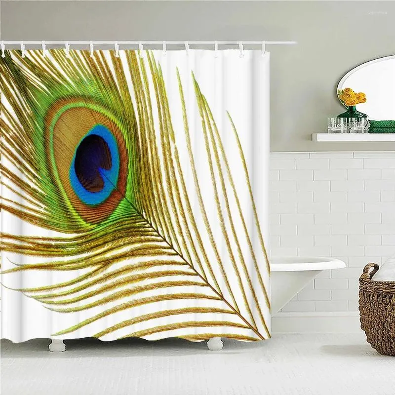 シャワーカーテンカラフルな羽毛花印刷されたカーテンバスルーム防水ポリエステルの家の装飾フック付き