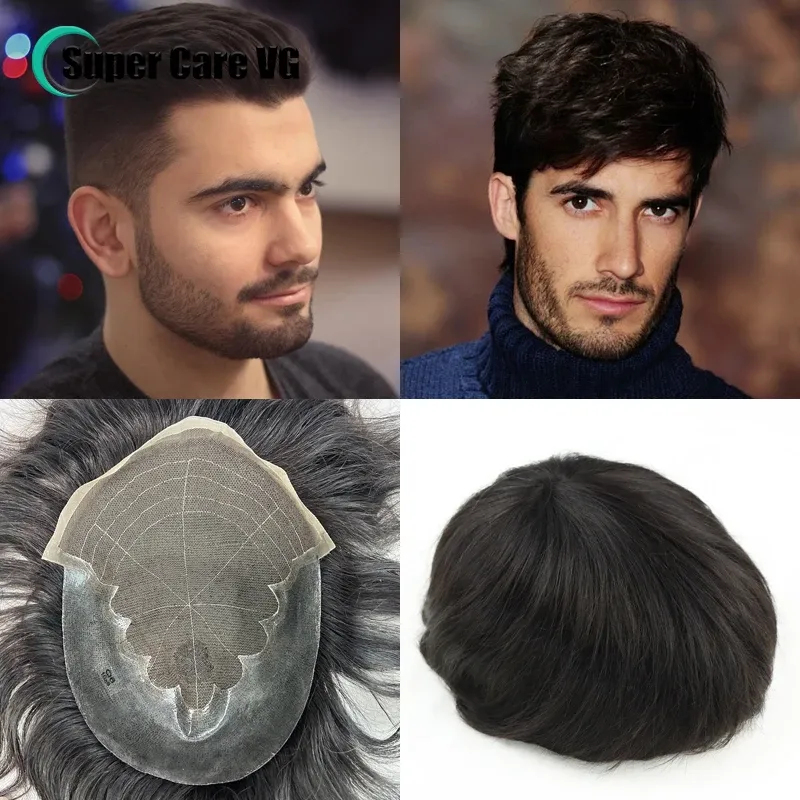 Toupees Q6 Base 6x9 Men Hairpiece Undetectable French Lace With Pu Man Toupee 1B Off Black Straight Human Hair Prosthesis Patch For Men