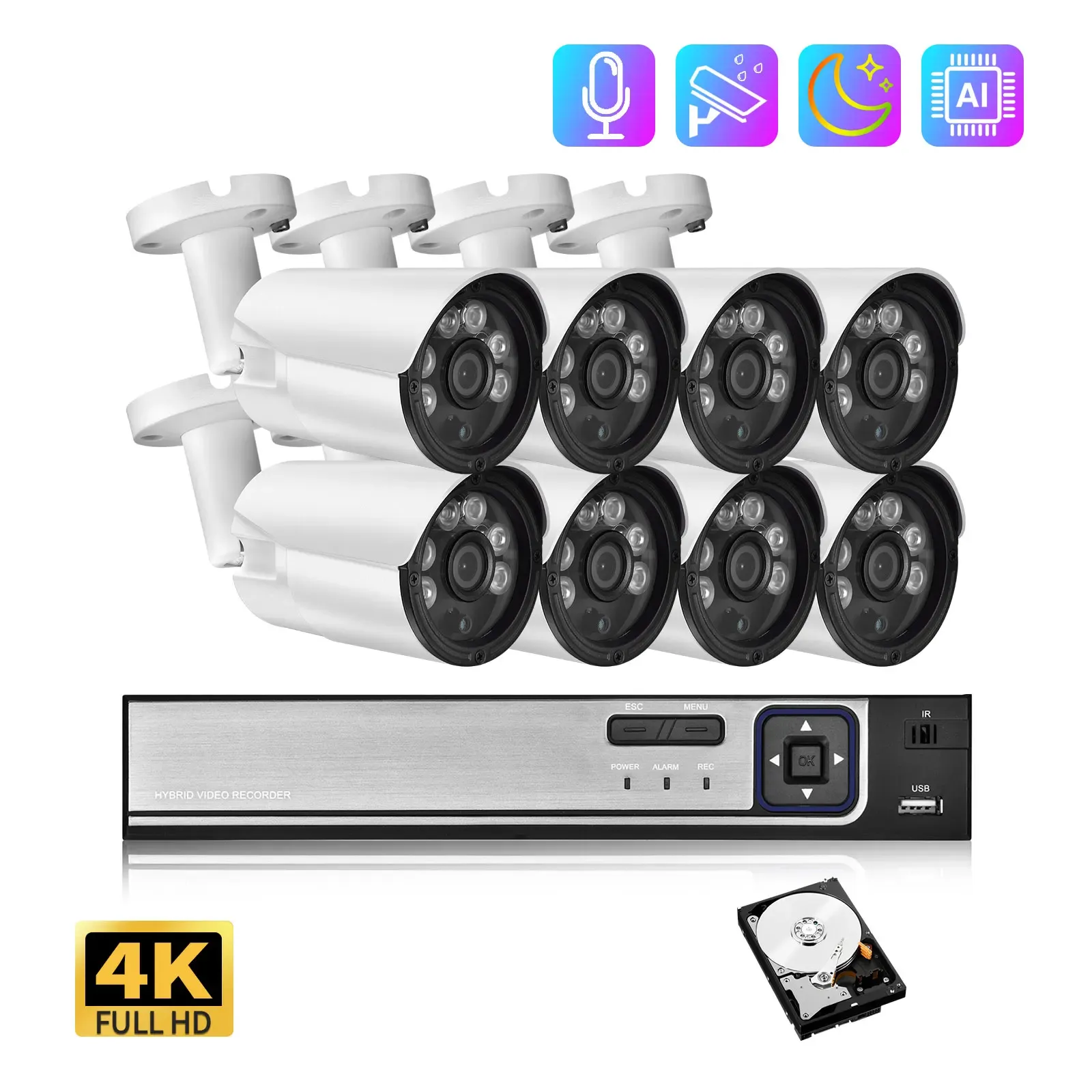 Système Gadinan 4K Security Camera System 8ch Poe 8MP Video Subsilance Set CCTV Couleur Vision nocturne