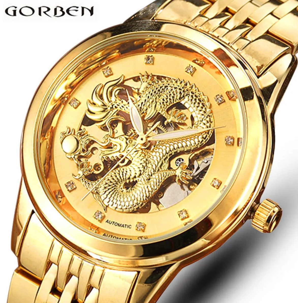 Squelette or mécanique montre des hommes automatiques 3d dragon acier en acier mécanique montre chinois top top marque self wind 2018 y2875872