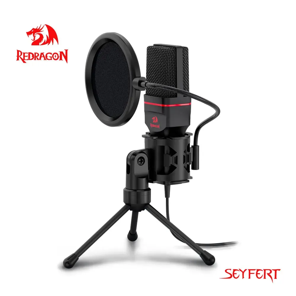 Microphones Redragon GM100 SEYFERT OMNI Microphone Condenseur avec Tripod Audio 3.5 mm Computer Studio pour PC Téléphone Karaoke Recording Phone