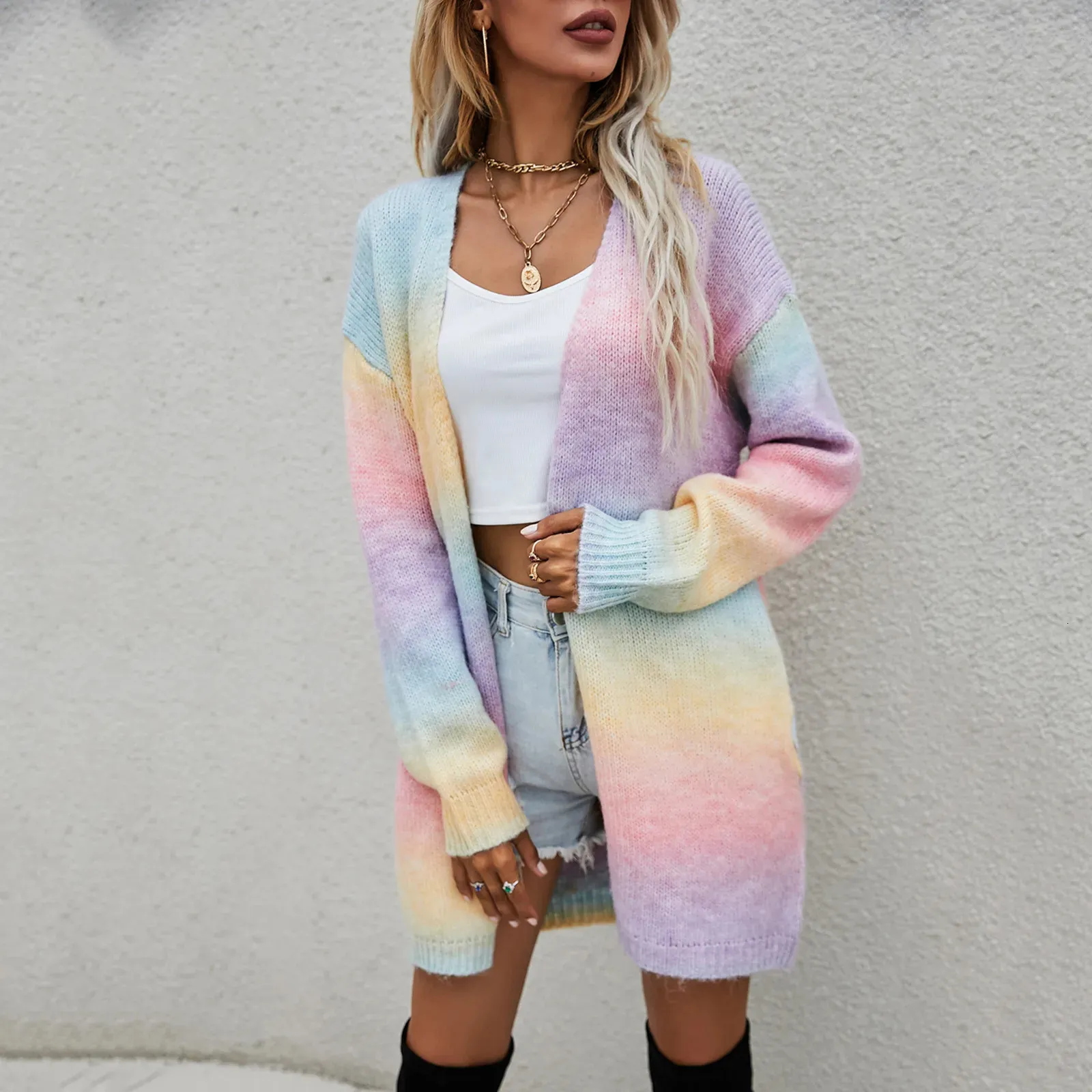 Rainbow Tie-Dye Women Cardigan Spring Autumn Korean Match Stickade tröja Rockar Färgglad långärmad gradient Knitwear 240320