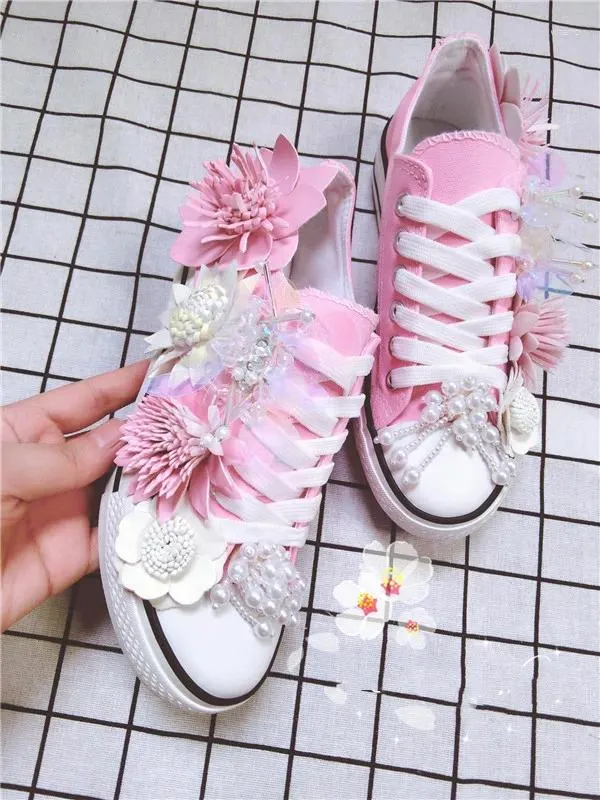 Casual Shoes Summer Flower Fashion Pedal Lazy Female Korean Version Of Small White Pink Canvas