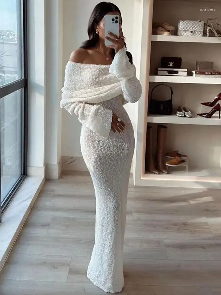 Casual Dresses GACVGA 2024 Summer Knit Hollow Out Off-Shoulder Maxi Dress Women Cover Up Knitwear Long Sleeve Holiday Sexy Beach Party