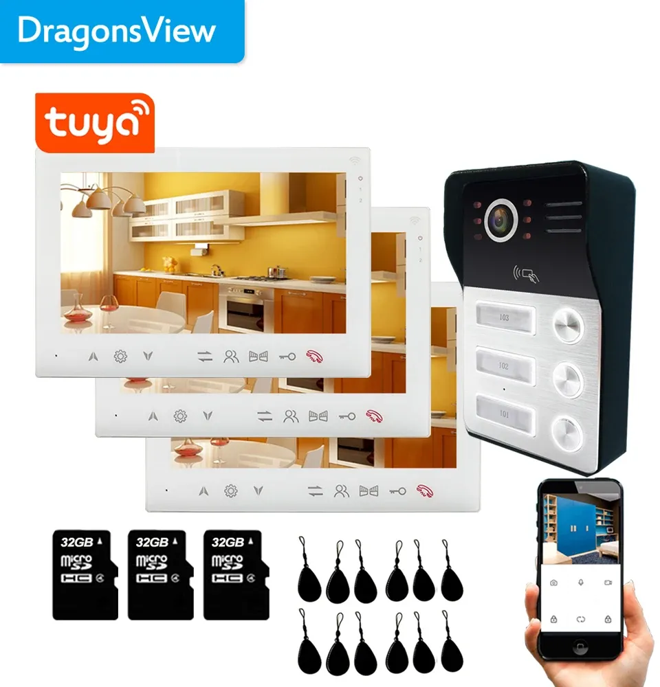 Intercom DragonsView Tuka Akıllı Video Kapı Telefon İntercom Kablosuz Wifi Home Intercom 3 Monitörlü 3 Aile için 3 Daire İçin