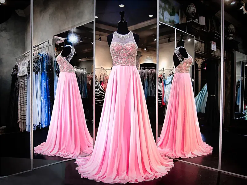 Dresses Oneckline Bubblegum Chiffon Hand Beading Prom Dress Aline Open Back Crystals Evening Dress Pageant Dresses party dress