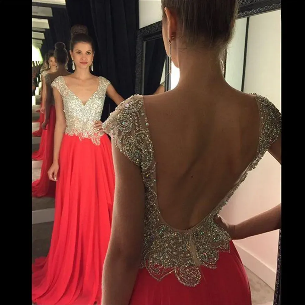 Dresses Gorgeous Crystal Open Back Evening Dress Cap Sleeve Long Chiffon Prom Gown Vneck Red vestidos de fiesta cortos