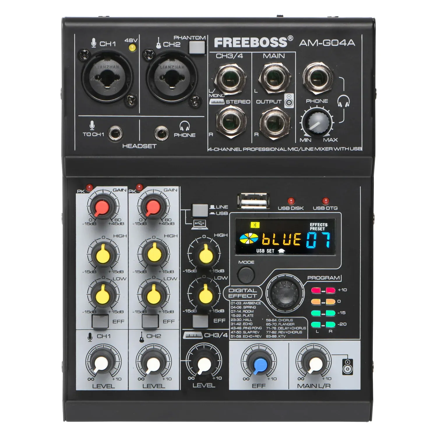 Uitrusting gratis audiomixer 4 kanaal geluidstabel 88 DSP Effect Mengconsole met Bluetooth USB -recordspel voor karaoke Agas04AB