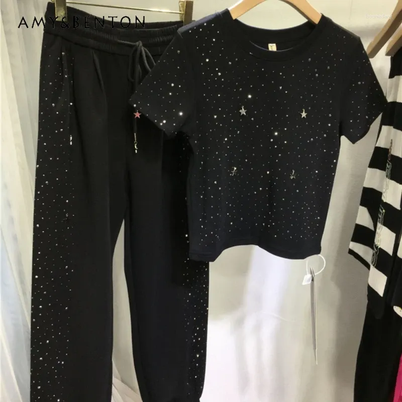Pantalon à deux pièces pour femmes lourds broderies Dercers de diamant pantalons de survêtement noir Sports T-shirt serré en deux pièces