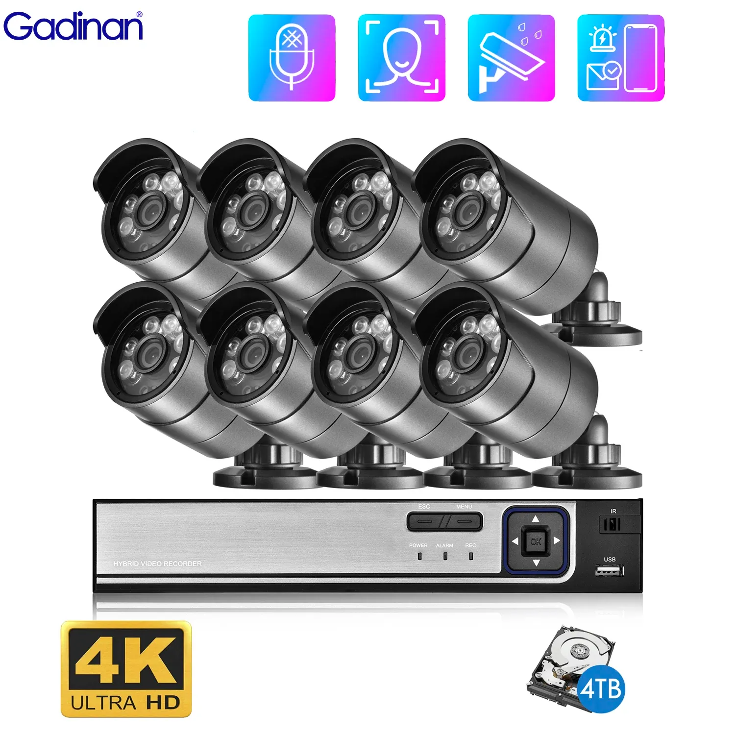Système Gadinan Ultra HD 4k 8ch Poe IP Camera Security System System Dectection 5MP NVR Kit 8MP Outdoor Couleur Night CCTV Video
