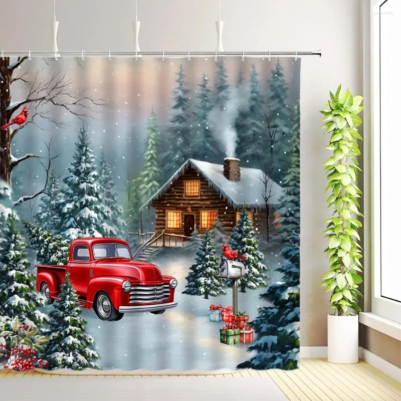 Douchegordijnen kerstgordijn rood vintage truck sneeuwman kerstboom winterbos vogels jaar rustieke retro boerderij badkamer decor