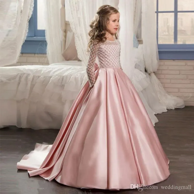 Robes teintes First Communon Robes Petit enfants Child Child Pageant Robes de fête mignonnes manches longues Big Big Bow Flower Gril Robes