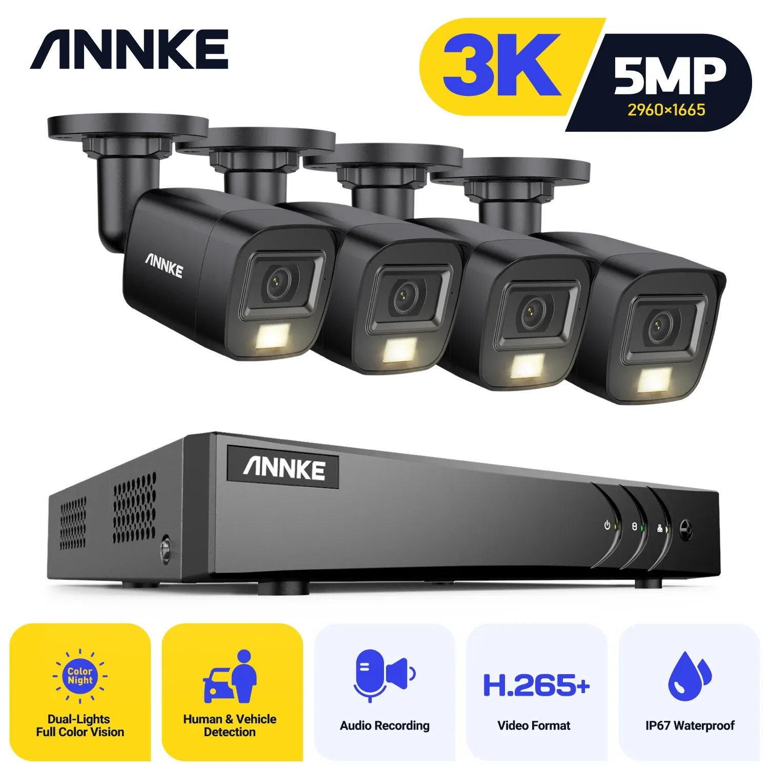 Sistema Annke 8ch 5mp Lite Video Security System CCTV Kit com 3k 4x 5mp Câmeras de vigilância à prova d'água de Mic 4x 5mp