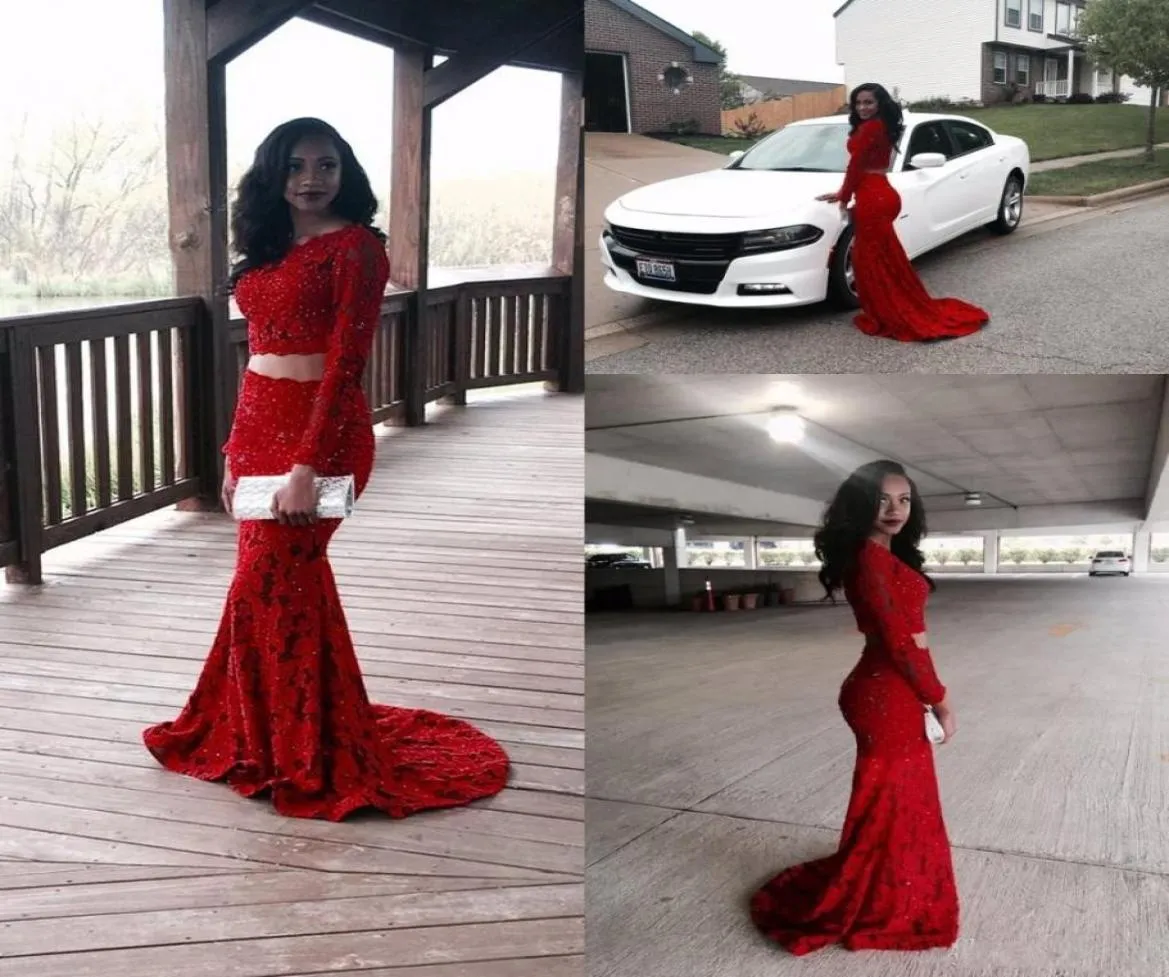 Gorgeous 2019 Shiny Red Full Lace Two pieces Evening Dresses Sheer Long Sleeves Mermaid Prom Dresses Custom Made Formal Party Gown2692993
