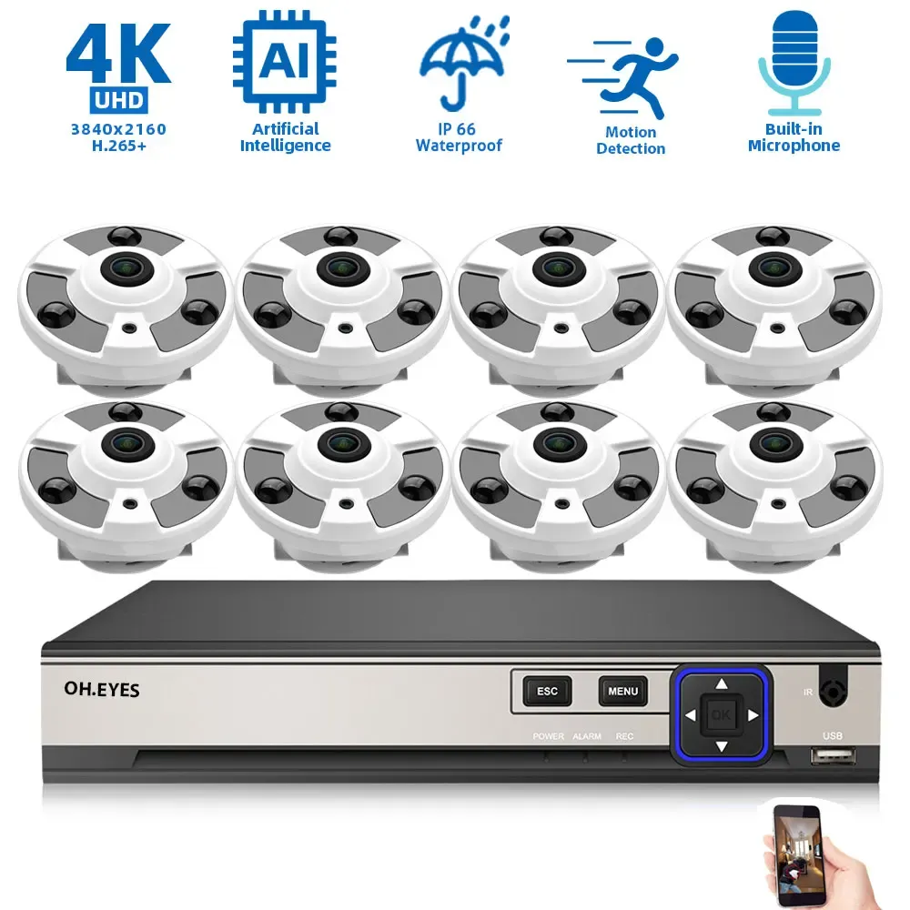 System Poe Fisheye Camera CCTV Kit 4K 8Ch NVR Security System Home 360 ​​Panoramic Monitoring Camera System 8MP Video Surveillance Set