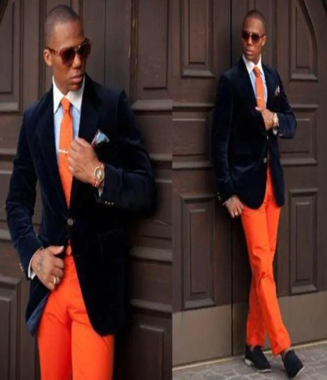 Black Velvet Tuxedos voor mannen met oranje broek knappe heren bruiloft Tuxedos Designer Mens Suits JacketPantstie8423691