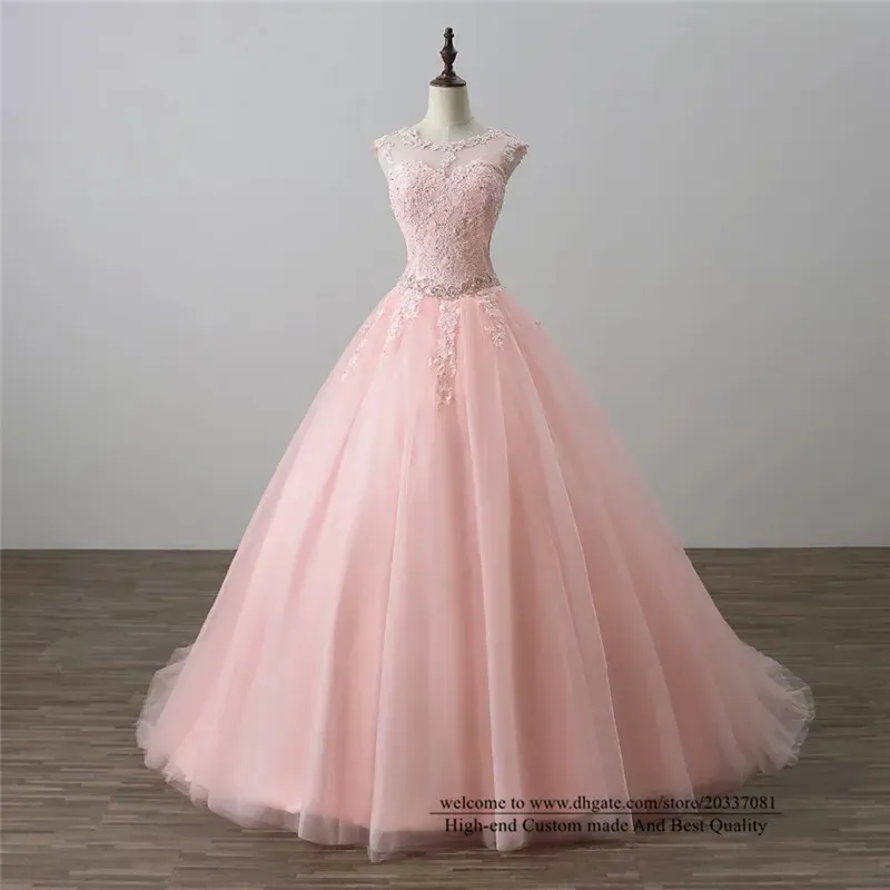 Sukienki quinceanera sukienki 2021 Różowe aplikacje księżniczki Scoop Crystal Party Prom Formal Tiul Tiul Freading Lace Up Ball Suknia Vestidos de 15 An