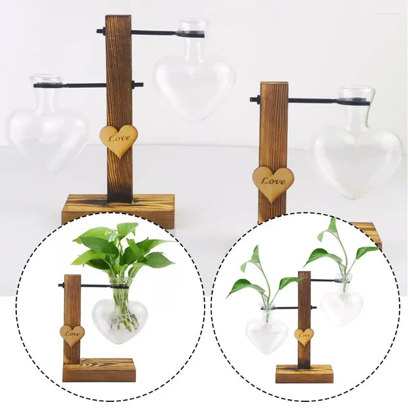 Vaser Hydroponic Flower Vase Wood Frame Pot Love Heart Form Clear Glass Tablett Plant Home Decoration