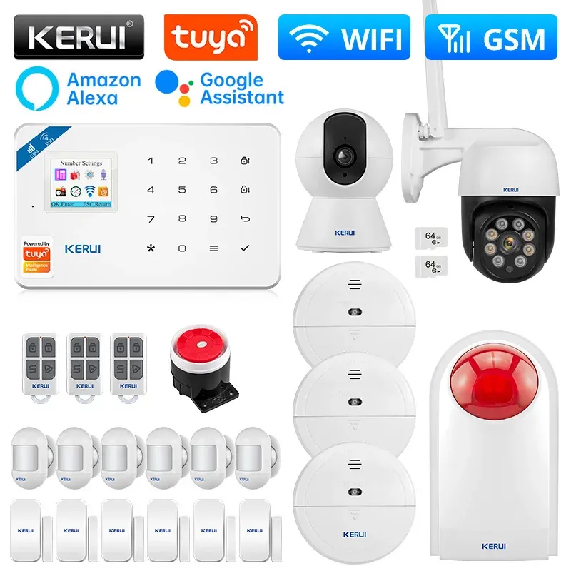 Kits kerui w181 wifi gsm alarme kit smart kit de alarme Sistema de alarme tuya smart support Alexa with sirene solar de detector de movimento de movimento sirene solar externa