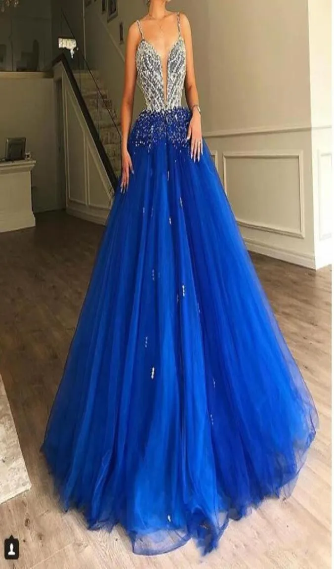 Ball Gown Royal Blue Tulle Long Prom Dress Diamonds Beads Puffy Train Elegant Evening Elie Saab Quinceanera Dresses3506973