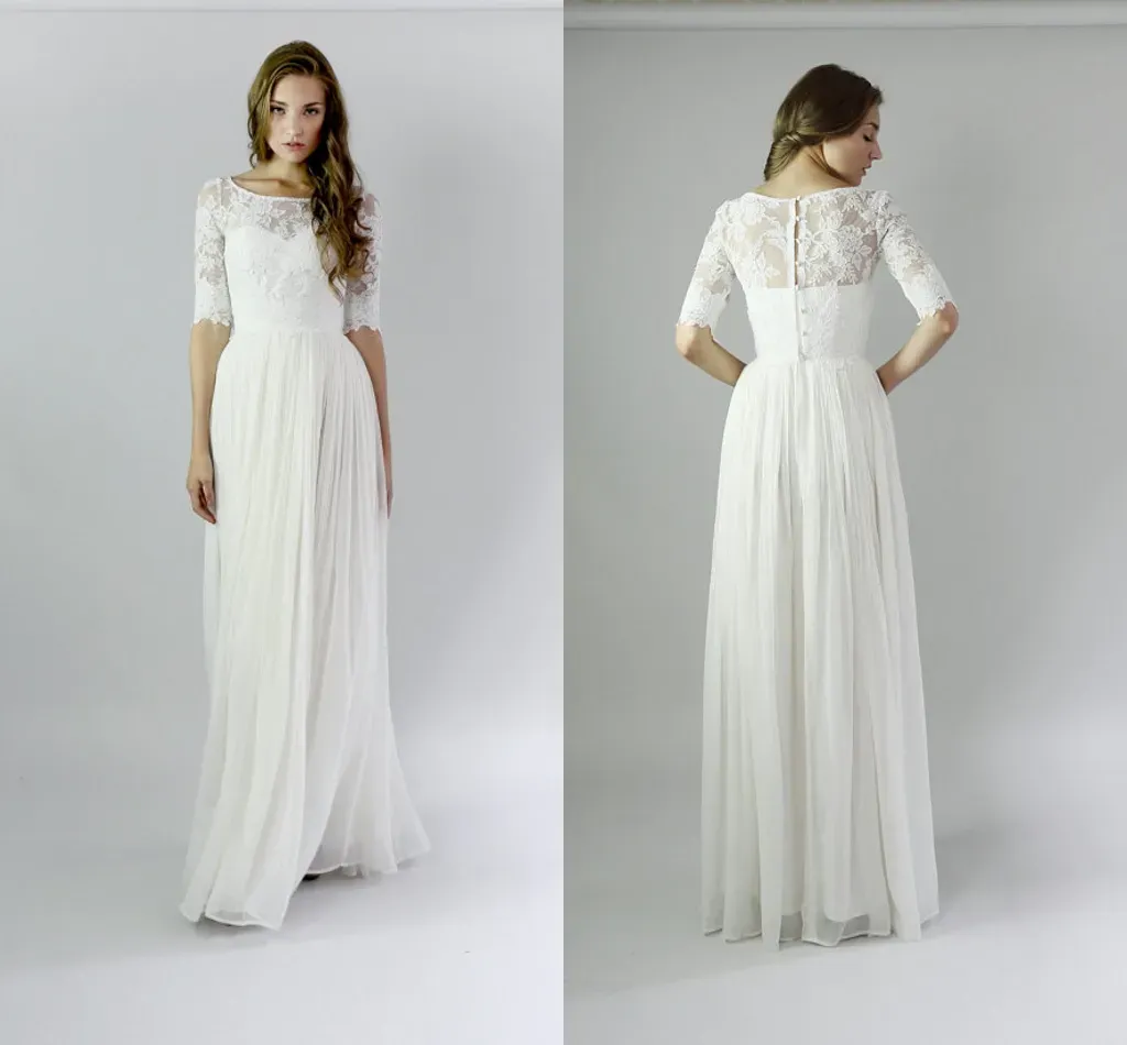 Dresses Long Beach Modest Wedding Dresses With Sleeves Lace Chiffon Aline Informal Bridal Gowns With Half Sleeves Floor Length Boho Weddi