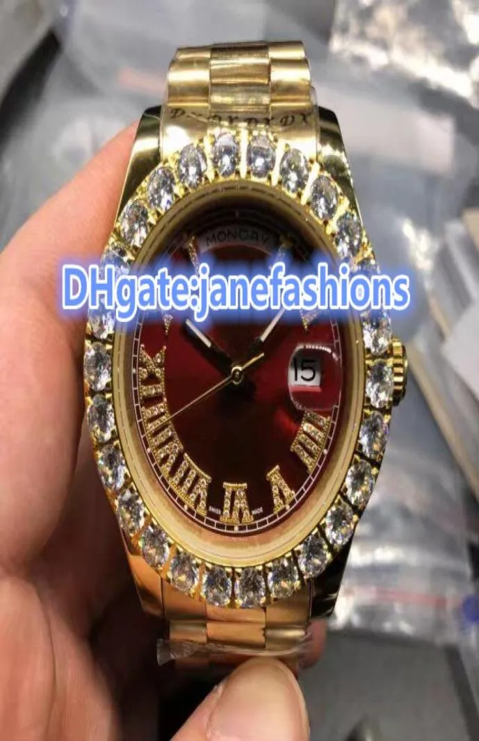 Red Face Grappon Set Diamond Lünette Luxus Männer039s Uhren Gold Edelstahl Watchband Doppelkalender Datum Automatische Uhren3425650