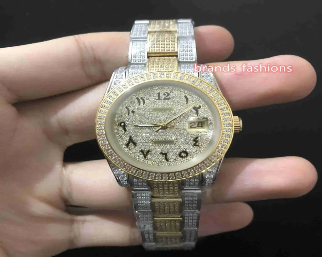 Men039s Ice Diamond Wristwatch Gold Diamond Face Watch Arabic Digital Scale Watch Stainless Steel Strap Automatic Mechanical Wa5056332