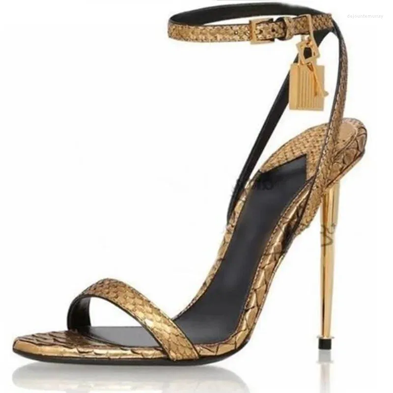 Scarpe eleganti con stampa serpente oro Ladies sandals sandals cinturino pithon chiusura da donna tacchi metallici ritagliati