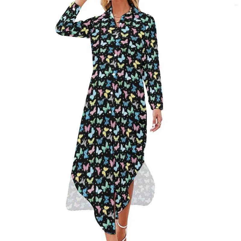 Casual jurken blauw roze gele en groene vlinders jurk vlinder print bloemen kunst mode lange mouw v nek chiffon