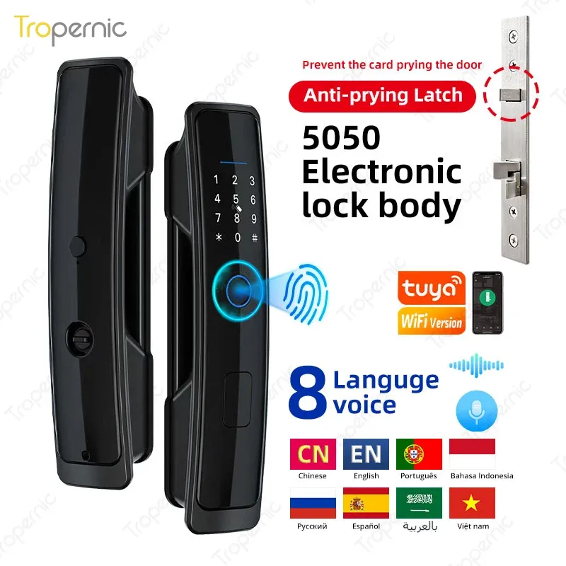 Vergrendel 8 Taal Tuya Smart Home Electronic Lock WiFi App Biometrische vingerafdruk Smart deurvergrendeling Digitale wachtwoord Ontgrendel Beveiliging